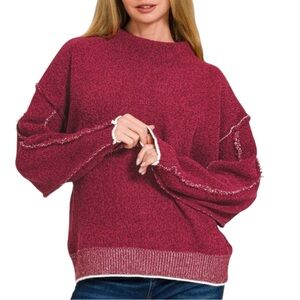 327. Merlot Raw Hem Mock Neck Chenille Sweater worn one time EUC